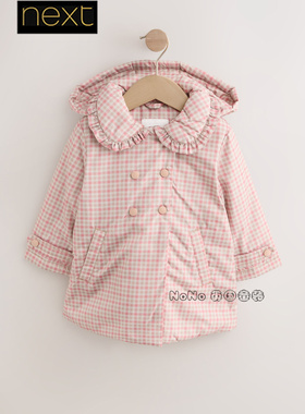 英国Next正品代购女童粉色格子加厚棉服外套中长款连帽AN4-615