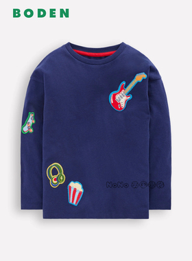 英国Mini BODEN男童藏青色音乐吉他刺绣长袖T恤全棉2-14岁B3193