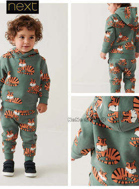 现货英国Next正品男童绿色卡通老虎卫衣连帽运动卫裤套装D39-330