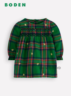 代购英国Baby Boden婴童绿色刺绣格子星星长袖连衣裙棉0-3岁Y2752