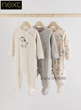 英国Next正品婴儿灰色卡通斑马条纹长袖连体睡衣纯棉长爬AA6-210