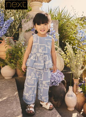 英国Next女童蓝色刺绣纯棉无袖T恤阔腿裤休闲套装1-8岁W95-775