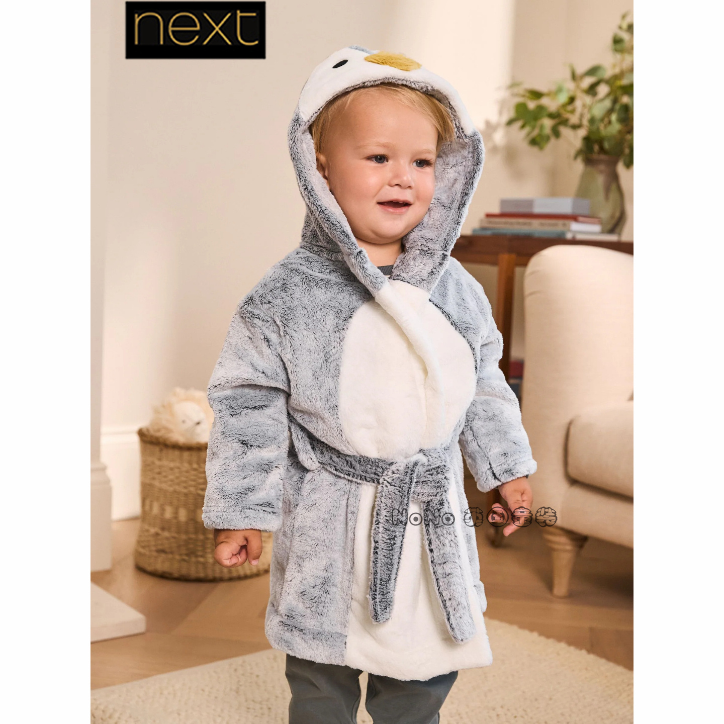 Next英国代购男童灰色企鹅保暖抓绒睡袍浴袍家居服1-8岁F70-454