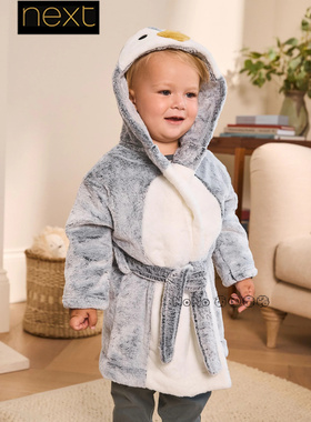 Next英国代购男童灰色企鹅保暖抓绒睡袍浴袍家居服1-8岁F70-454