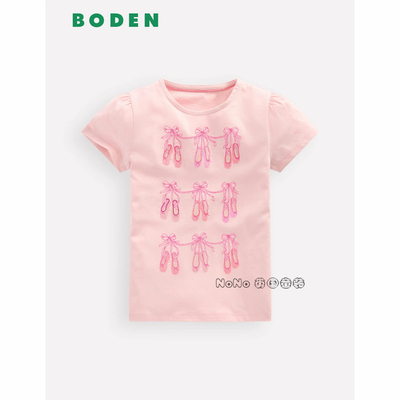 英国Mini BODEN女童粉色芭蕾舞蹈鞋刺绣短袖T恤全棉2-12岁G5259
