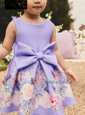英国Next女童紫色碎花立体蝴蝶结连衣裙短袖1-7岁新款礼服W64-431