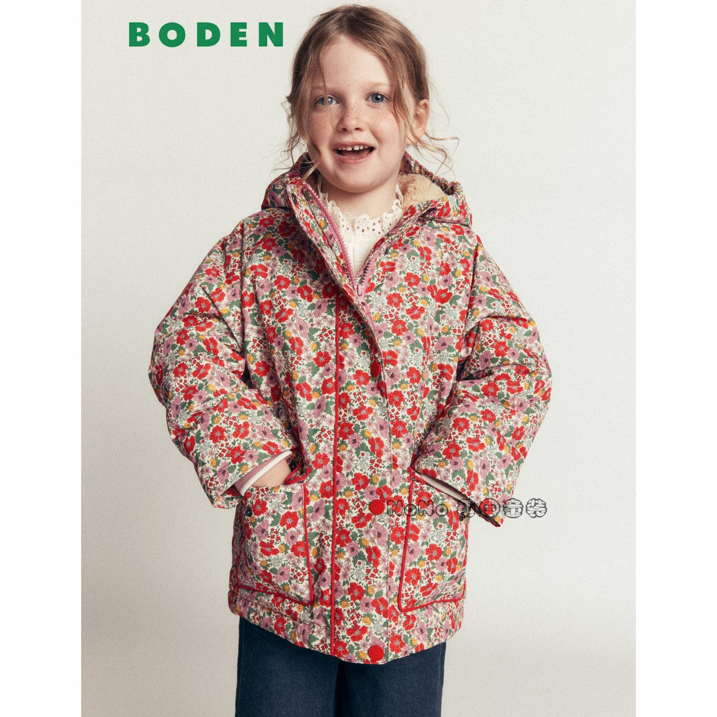 代购英国Mini BODEN女童粉红色碎花外套羊羔毛棉服防风雨G5564