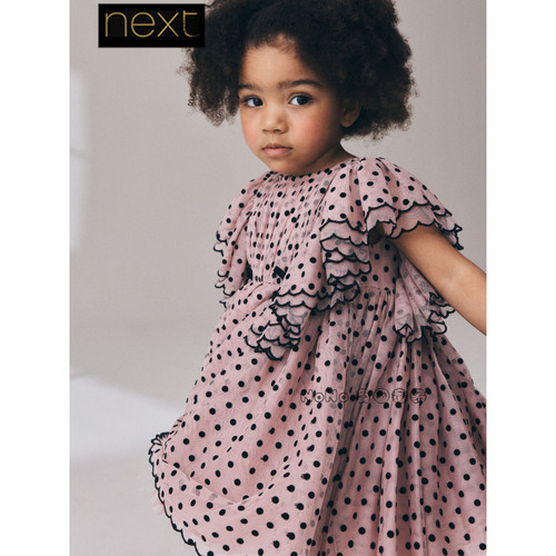 英国Next代购女童粉色波点网纱礼服短袖连衣裙1-8岁新款V32-678
