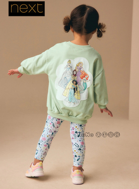 英国Next女童绿色迪士尼公主卫衣打底长裤全棉套装1-7岁H58-153