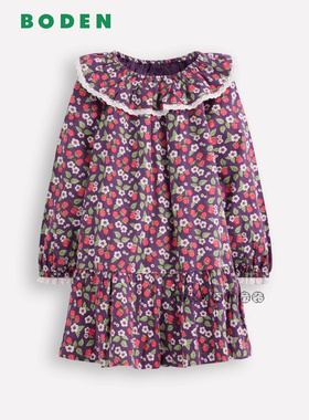 英国Mini Boden女童紫色碎花荷叶领长袖连衣裙纯棉2-12岁G5593