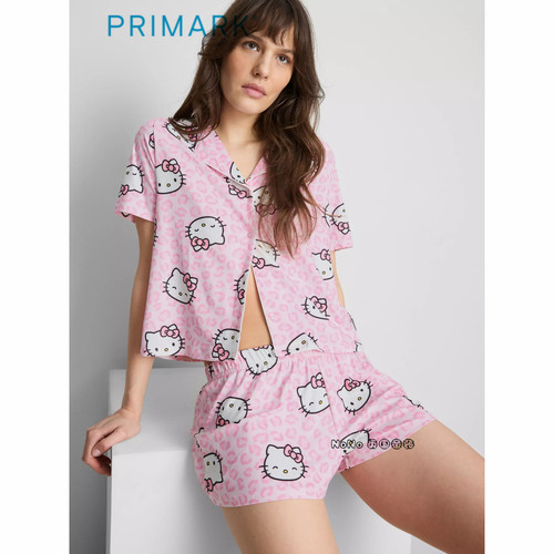 英国Primark女款成人大童粉色kitty开衫短袖家居服睡衣裤新款