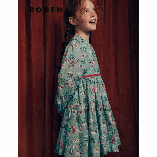 英国Mini Boden女童绿色花仙子碎花长袖连衣裙2-12岁新款G6164
