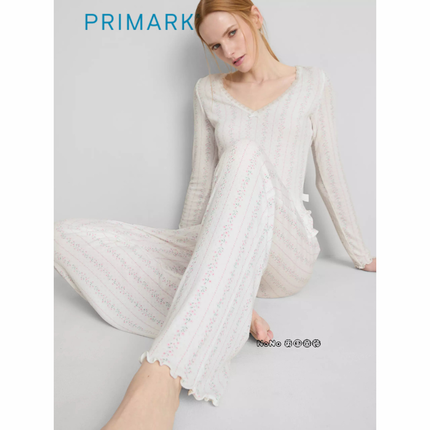 英国Primark女款成人大童奶白温柔小碎花吊带家居服长睡短裤