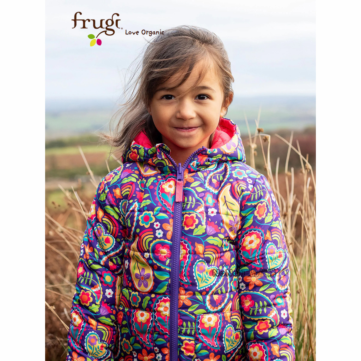 英国FRUGI正品NEXT有机女童紫色彩虹碎花外套双面穿棉服227-137