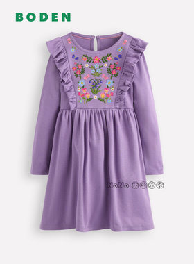 代购英国Mini Boden女童紫色碎花刺绣长袖连衣裙纯棉G5565-PRP