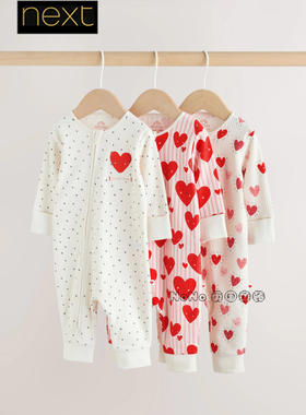 英国Next女婴新生儿白红色爱心新年连体睡衣长爬睡袋纯棉H44-216