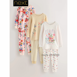 英国Next女童粉黄色碎花家居服睡衣裤长袖全棉1-12岁新款H98-953