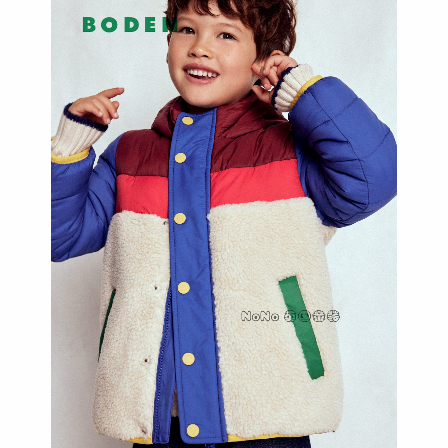 英国Mini BODEN男童白蓝红拼色外套棉服毛毛棉衣加厚2-14岁B3141