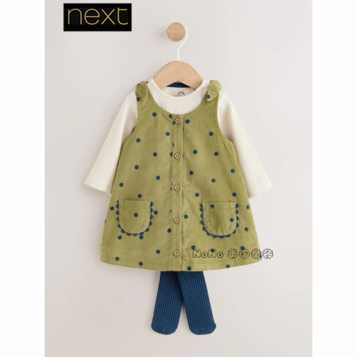 英国Next婴儿绿色波点灯芯绒连衣裙包屁衣连裤袜套装0-2岁G92-946