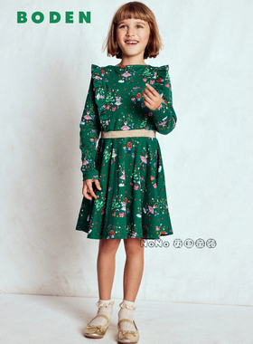 英国Mini Boden女童绿色花仙子荷叶长袖连衣裙纯棉金2-12岁G5567