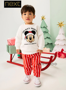 英国Next儿童米奇圣诞帽卫衣红色条纹运动裤休闲套装1-8岁F66-899