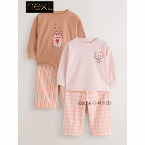 英国Next女童小熊草莓早餐格家居服睡衣裤长袖全棉1-10岁V61-170