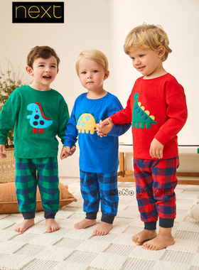 英国Next男童新年红蓝色格子恐龙家居服睡衣秋裤1-8岁纯棉F75-502