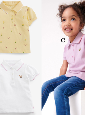 现货Next英国正品女童黄色白色小兔POLO衫短袖T恤卡通纯棉A48-143