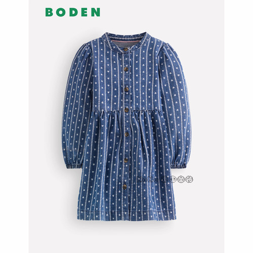 英国Mini Boden女童牛仔蓝色爱心长袖连衣裙纯棉2-12岁新款G6119