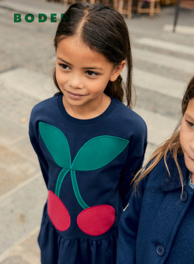 英国Mini Boden女童深蓝色樱桃贴布刺绣卫衣纯棉连衣裙2-8岁G5512