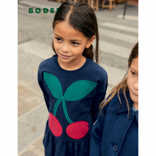 英国Mini Boden女童深蓝色樱桃贴布刺绣卫衣纯棉连衣裙2-8岁G5512