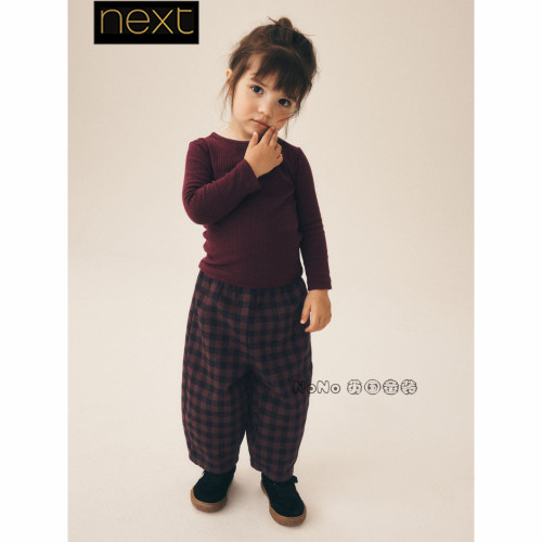 Next英国正品代购女童蓝咖色格子休闲长裤全棉1-7岁新款G89-495