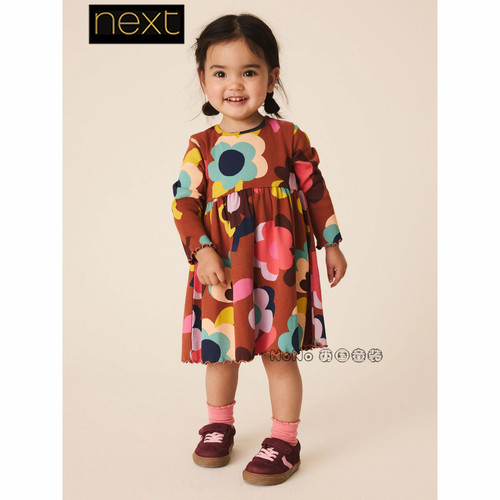 英国Next正品代购女童咖色花朵全棉长袖连衣裙1-7岁新款G64-841