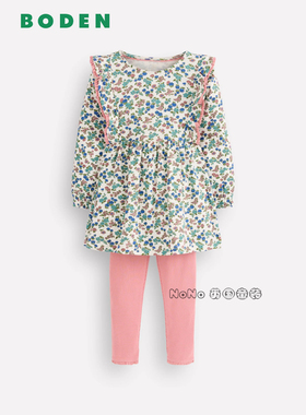 英国Mini Boden女童粉绿色小碎花长款长袖T恤裙打底裤套装G5877