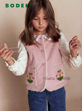 代购英国Mini BODEN女童粉色刺绣花灯芯绒马甲外套棉服加厚G5643