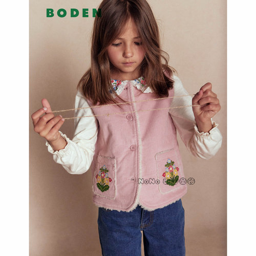 代购英国Mini BODEN女童粉色刺绣花灯芯绒马甲外套棉服加厚G5643