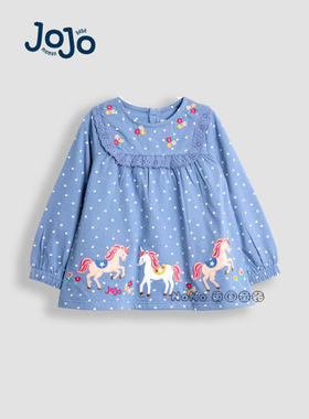 英国Jojo Maman Bebe女童蓝色独角兽贴布长袖T恤纯棉1-7岁F86-369