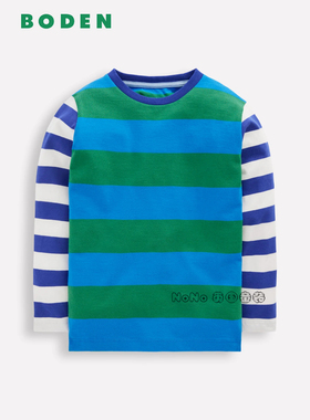 代购英国Mini BODEN男童蓝绿蓝色条纹长袖T恤全棉2-14岁新款B3067