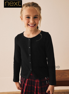 英国Next代购女大童亲子黑色长袖T恤开衫螺纹纯棉3-16岁W28-727