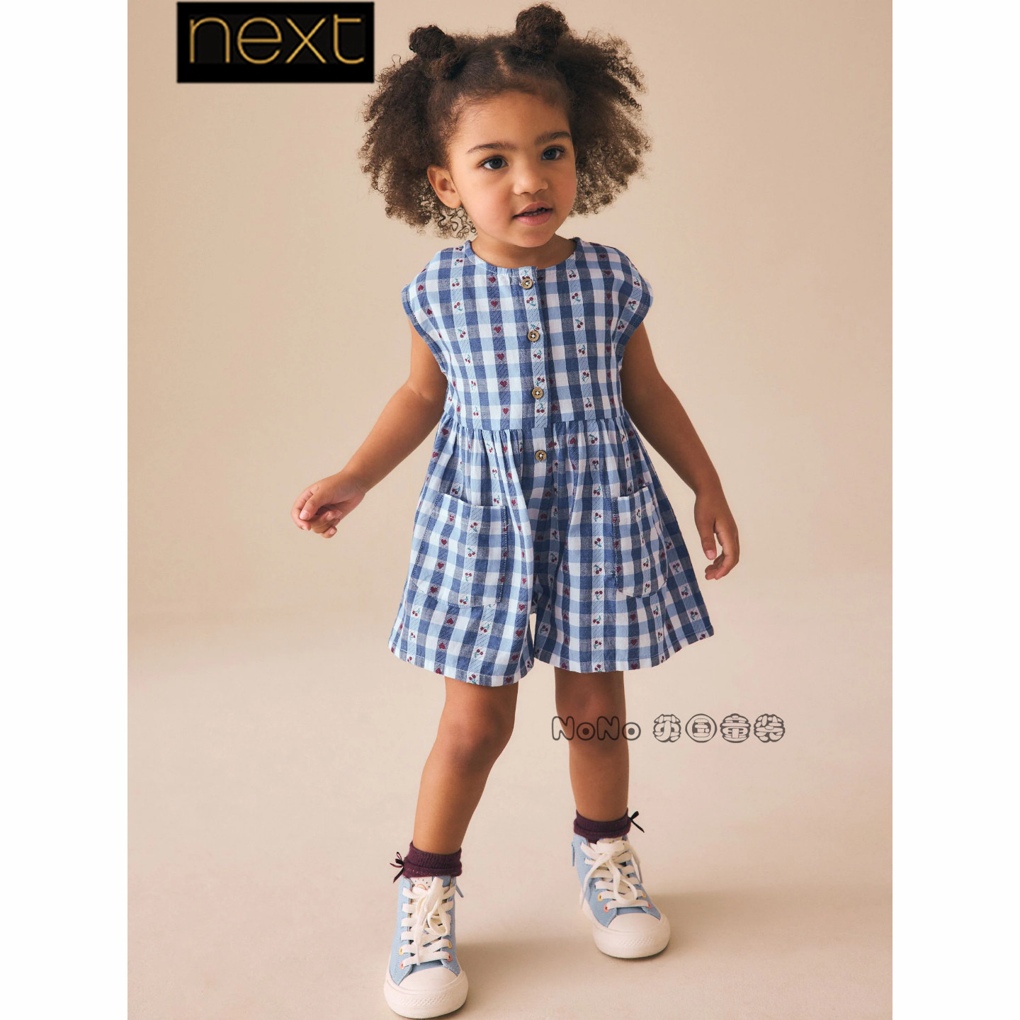 Next英国正品代购女童蓝色格子爱心樱桃连身裤体裤连身衣W58-283