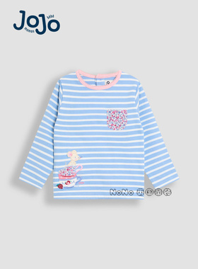 英国Jojo Maman Bebe女童蓝色老鼠花贴布长袖T恤纯棉1-7岁F86-303