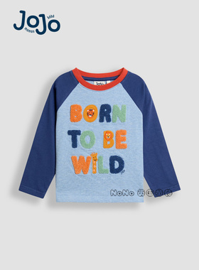 英国Jojo Maman Bebe儿童蓝色狮子刺绣插肩袖长袖T恤纯棉F96-730