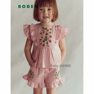 英国Mini BODEN女童粉色草莓刺绣衬衫短袖T恤短裤全棉2-14岁G5924