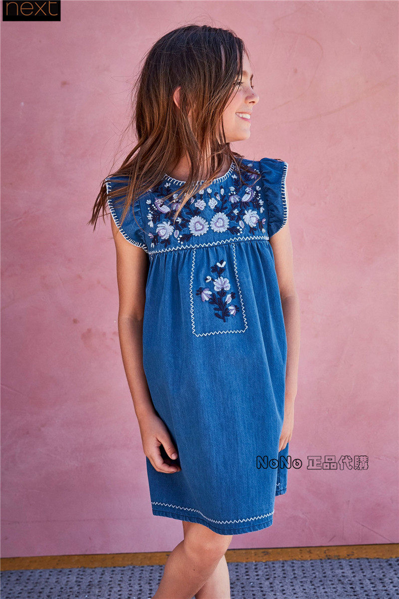 现货英国Next正品女童大童蓝色牛仔刺绣花连衣裙612-492