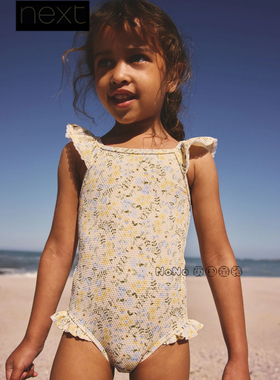 英国Next正品代购女童黄色碎花T恤连体泳衣吊带防晒SPF50+H93-797
