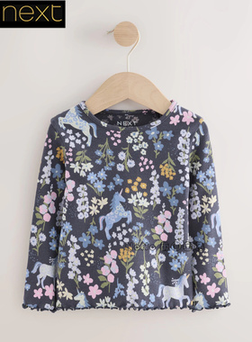 英国Next正品代购女童蓝色独角兽小碎花短袖T恤运动衫纯棉F45-065