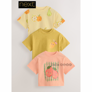 英国Next正品女童粉黄色水果梨柠檬短袖T恤圆领全棉1-7岁H97-827