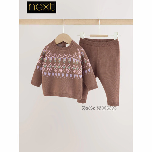 英国Next正品婴儿紫咖色花朵毛衣针织长裤套装0-2岁新款Y65-923