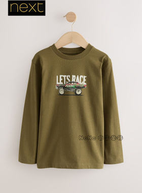 英国Next正品代购男大童亲子墨绿色汽车长袖T恤衫宽松纯棉F25-292