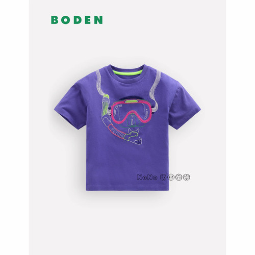 英国Mini BODEN男女童紫色潜水刺绣短袖T恤全棉2-10岁新款G5920